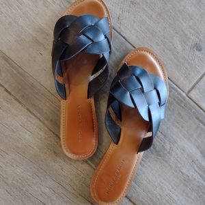 Black Vegan Leather Slide Sandals, Size 10